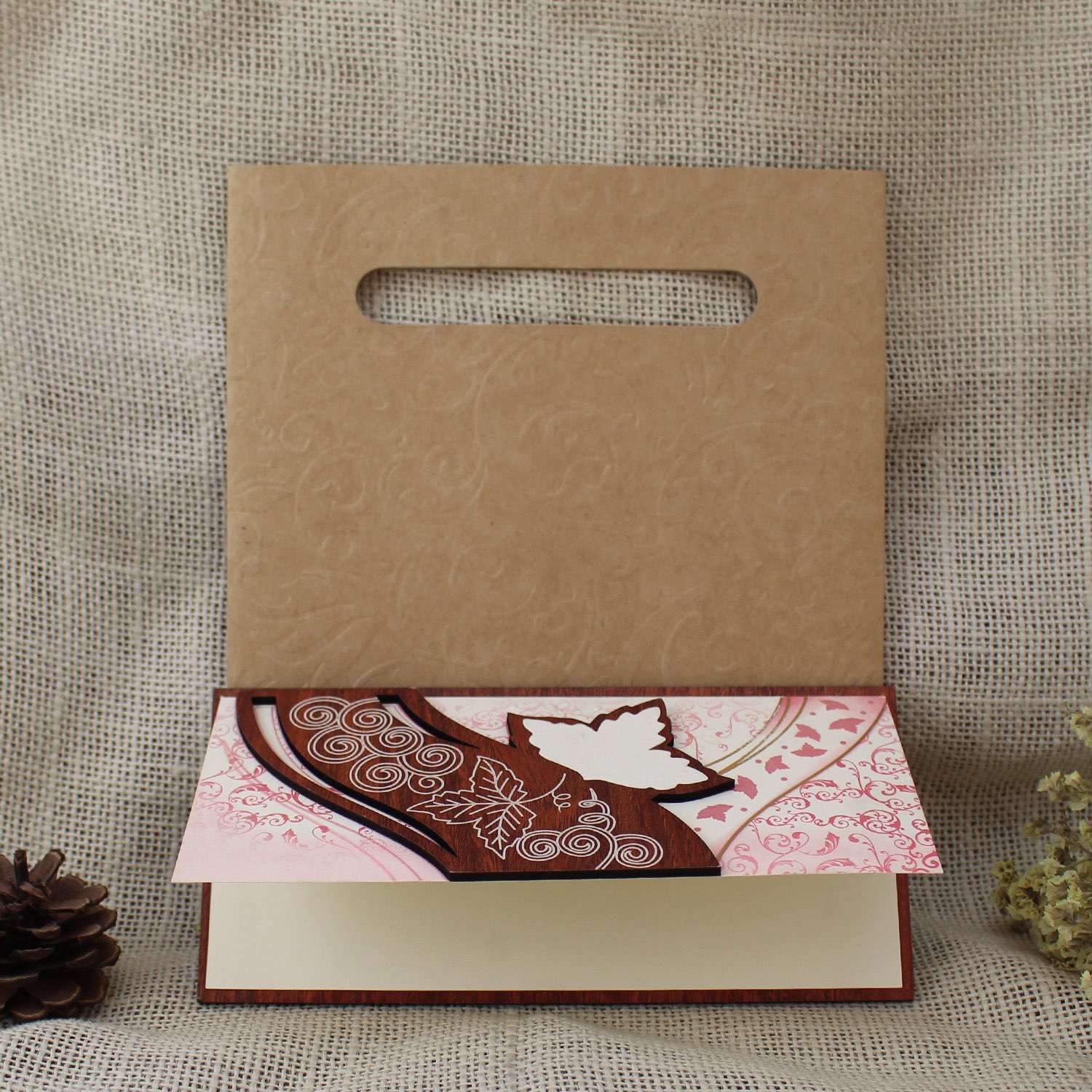 Wooden Invitation Card Half Fold Invitation Pink Wedding Card Customized